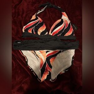 White House Black Market Black Bikini with Coral, Cream & Red Swirl